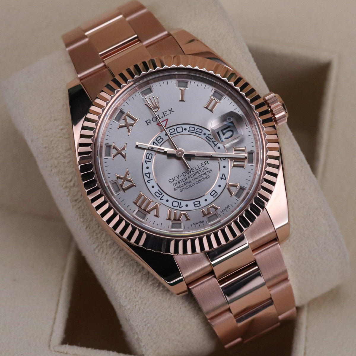Rolex Sky-Dweller 42mm Sundust Rose Gold Roman Dial Fluted Gold Bezel 326935