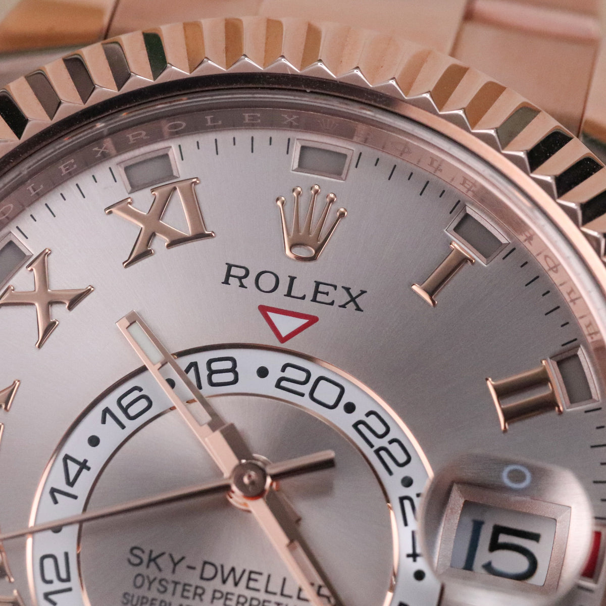 Rolex Sky-Dweller 42mm Sundust Rose Gold Roman Dial Fluted Gold Bezel 326935