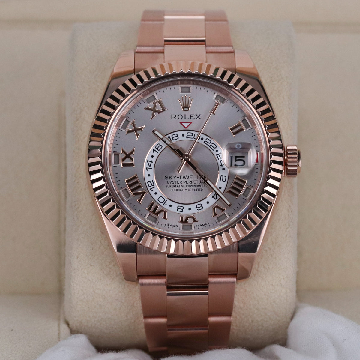 Rolex Sky-Dweller 42mm Sundust Rose Gold Roman Dial Fluted Gold Bezel 326935