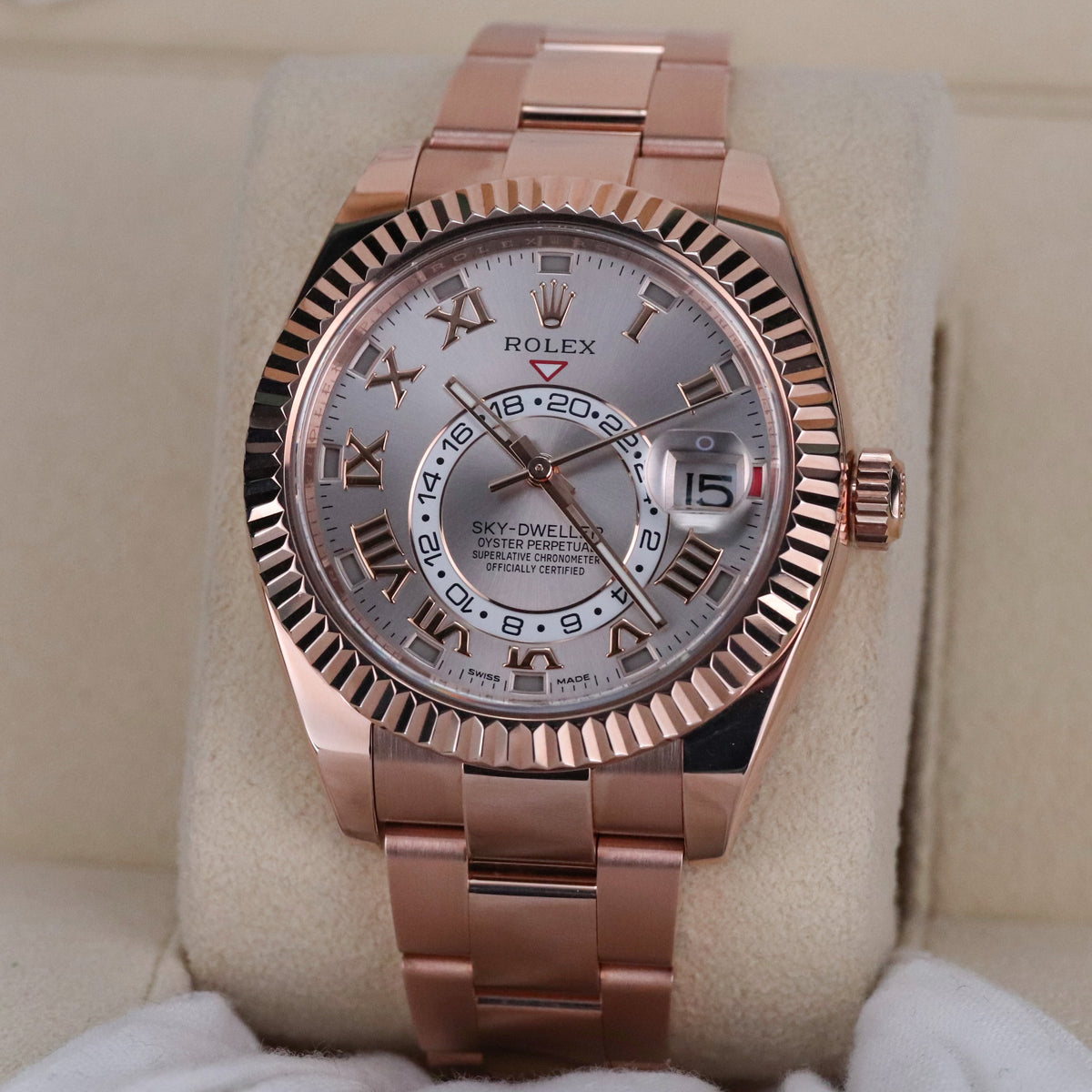 Rolex Sky-Dweller 42mm Sundust Rose Gold Roman Dial Fluted Gold Bezel 326935