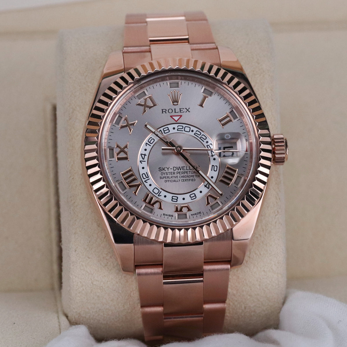 Rolex Sky-Dweller 42mm Sundust Rose Gold Roman Dial Fluted Gold Bezel 326935