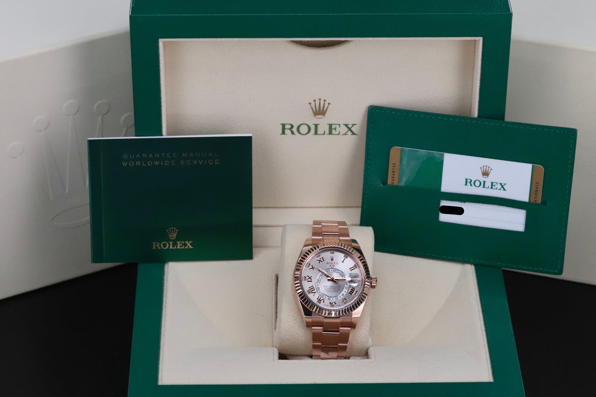 Rolex Sky-Dweller 42mm Sundust Rose Gold Roman Dial Fluted Gold Bezel 326935