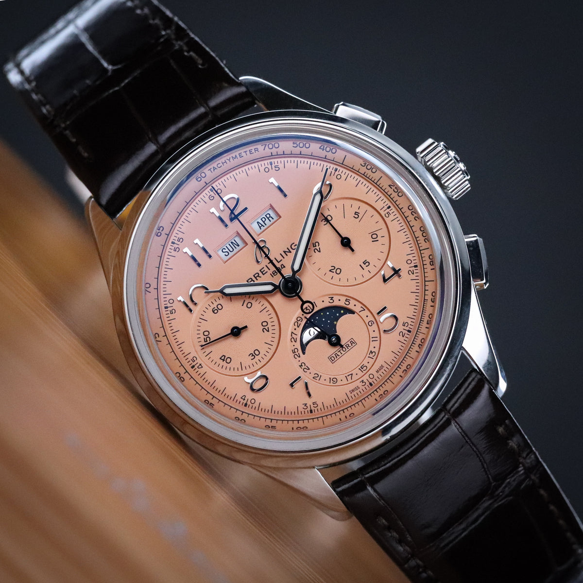 Breitling Premier B52 Datora 42mm Salmon Moonphase Chronograph Steel Leather AB2510