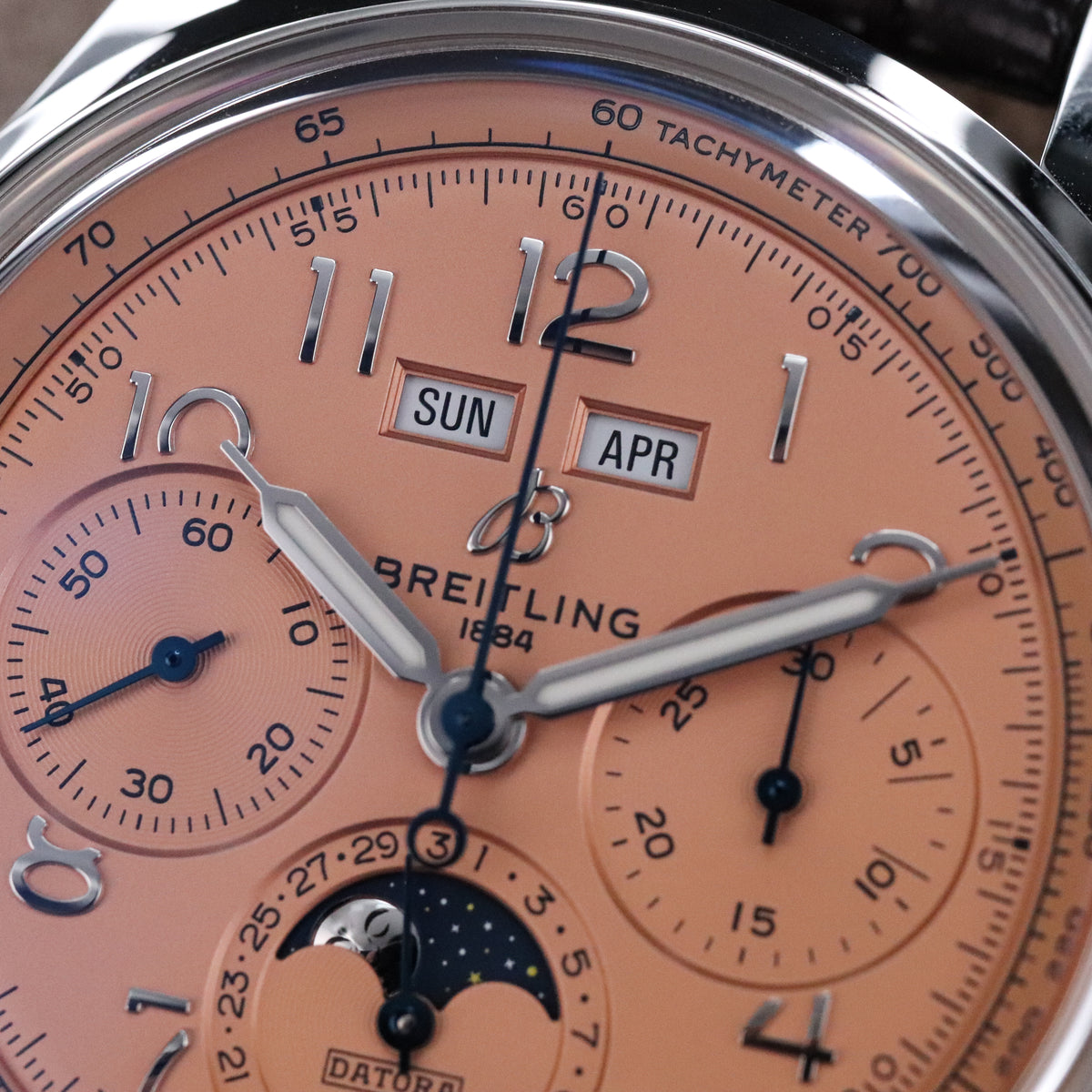 Breitling Premier B52 Datora 42mm Salmon Moonphase Chronograph Steel Leather AB2510