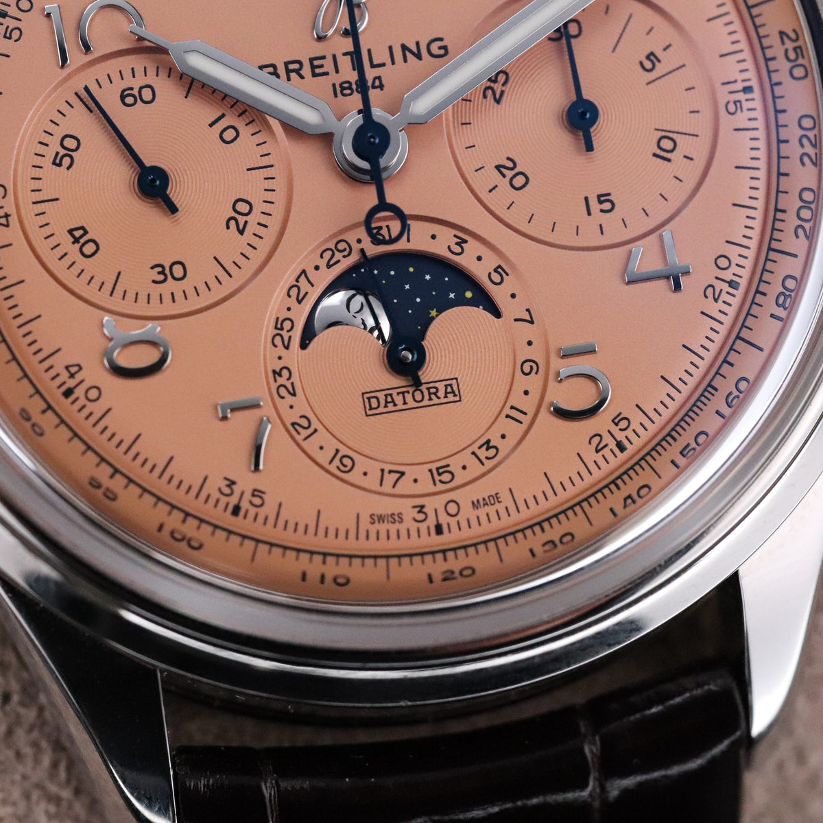 Breitling Premier B52 Datora 42mm Salmon Moonphase Chronograph Steel Leather AB2510