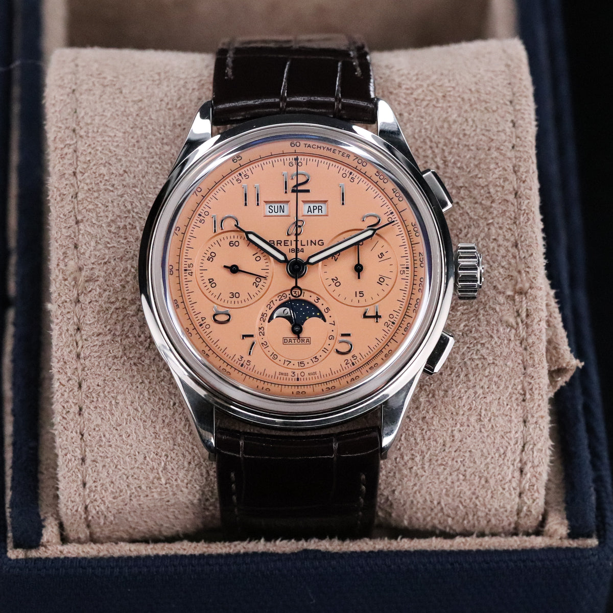 Breitling Premier B52 Datora 42mm Salmon Moonphase Chronograph Steel Leather AB2510