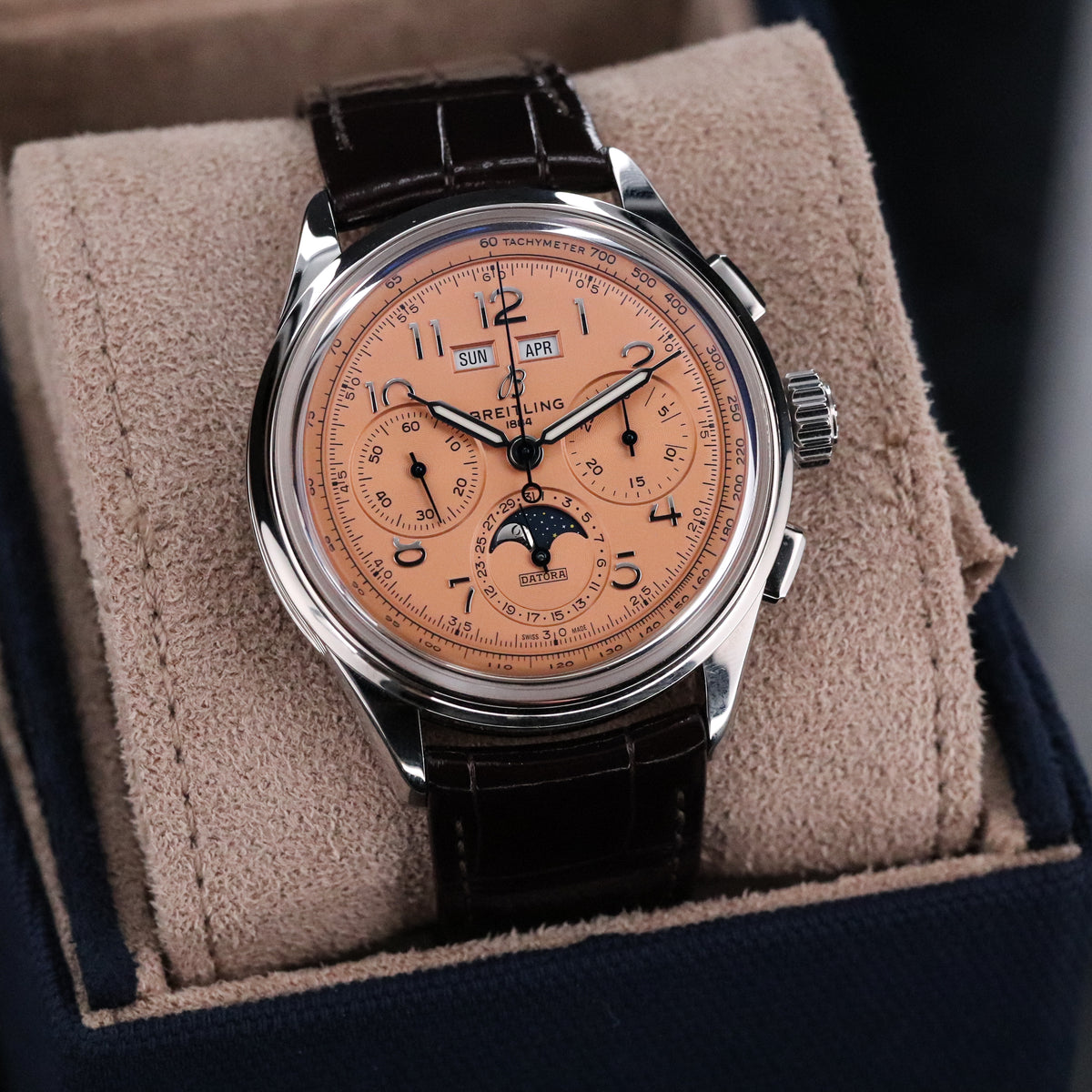 Breitling Premier B52 Datora 42mm Salmon Moonphase Chronograph Steel Leather AB2510