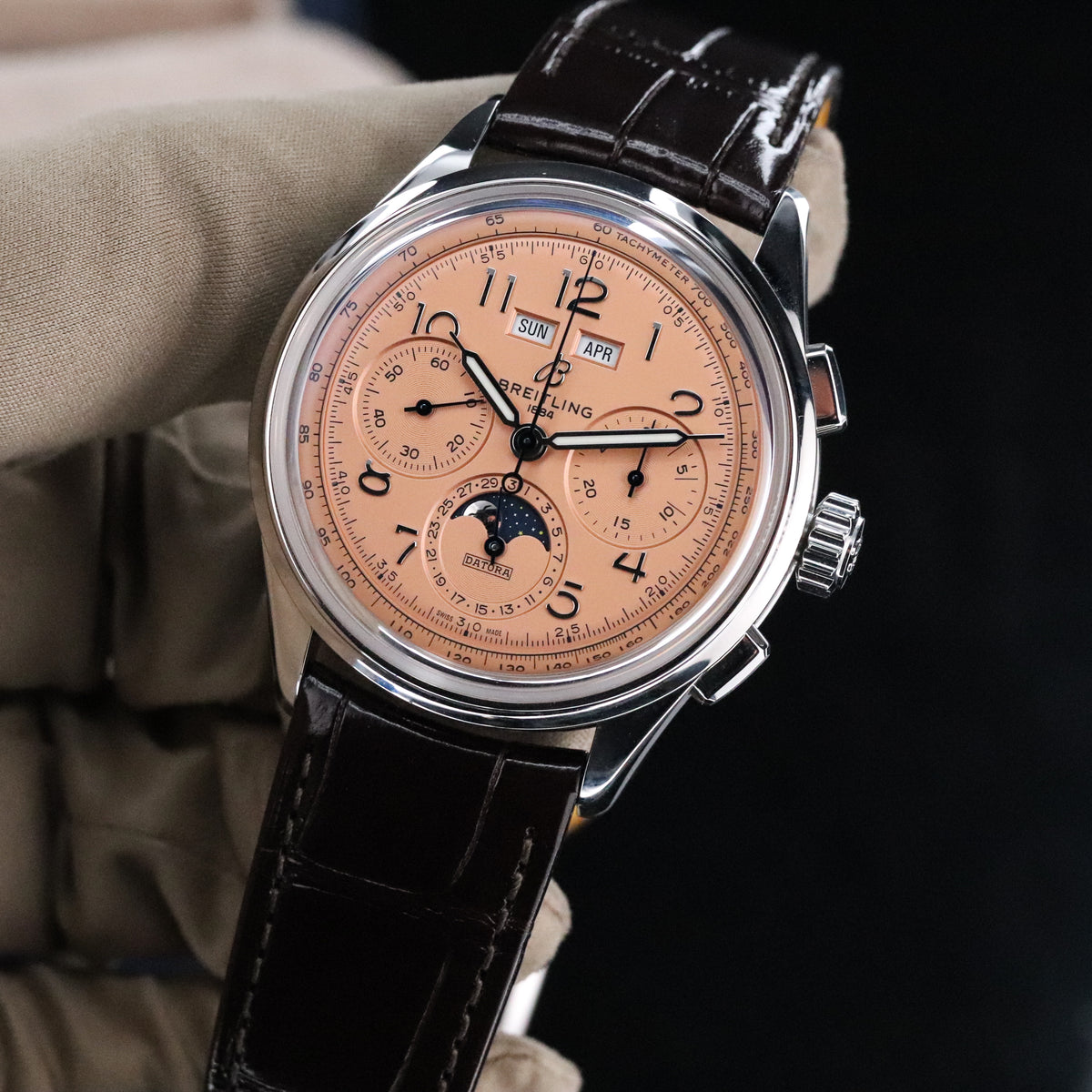 Breitling Premier B52 Datora 42mm Salmon Moonphase Chronograph Steel Leather AB2510