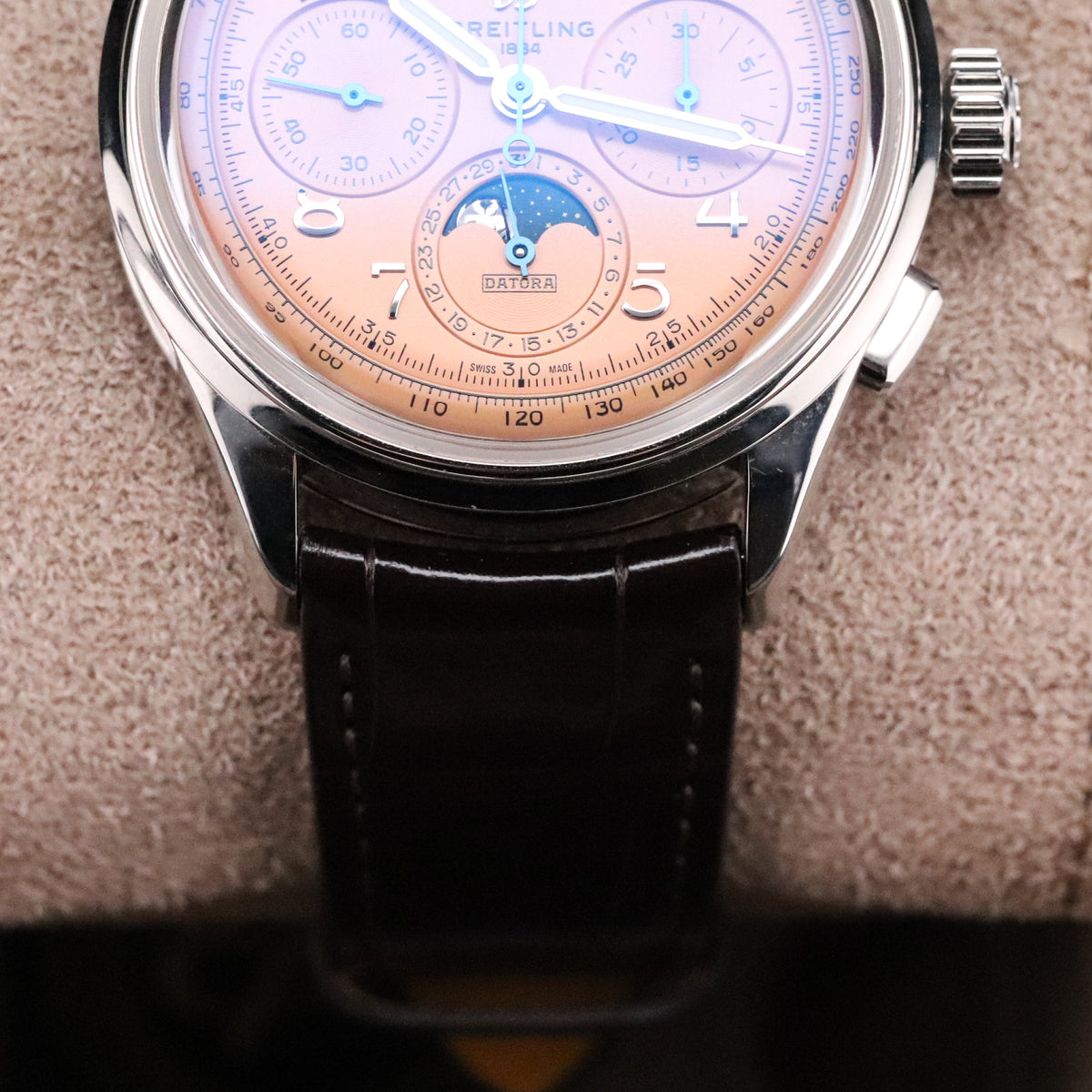 Breitling Premier B52 Datora 42mm Salmon Moonphase Chronograph Steel Leather AB2510