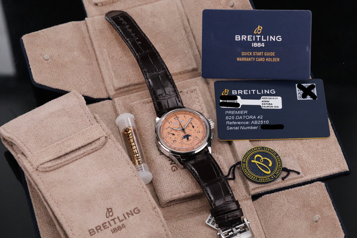 Breitling Premier B52 Datora 42mm Salmon Moonphase Chronograph Steel Leather AB2510