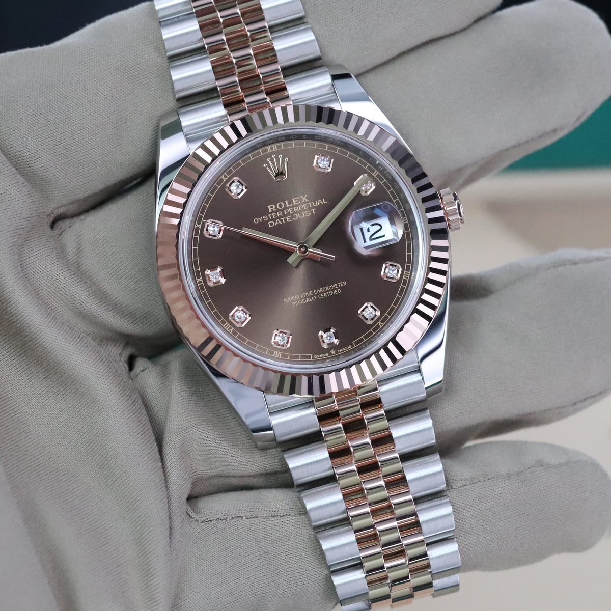 Rolex Datejust 41 Chocolate Diamond Brown Dial Fluted Jubilee Two Tone Rose Gold 126331