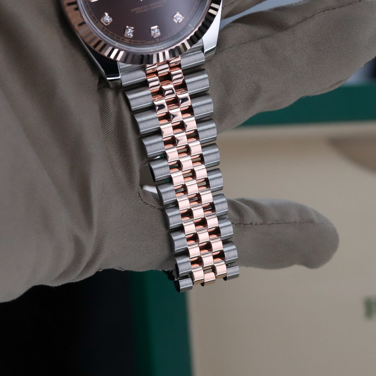 Rolex Datejust 41 Chocolate Diamond Brown Dial Fluted Jubilee Two Tone Rose Gold 126331