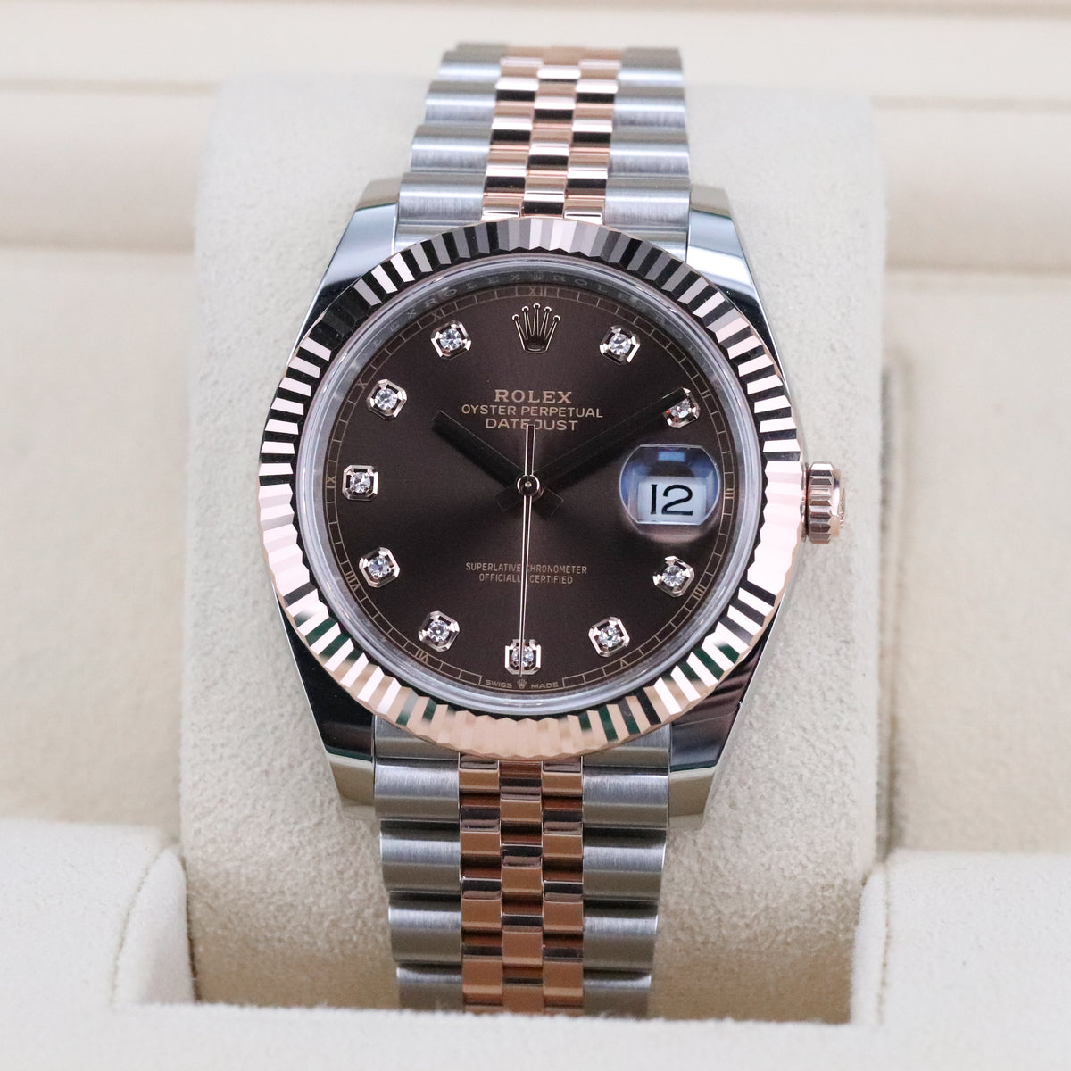 Rolex Datejust 41 Chocolate Diamond Brown Dial Fluted Jubilee Two Tone Rose Gold 126331