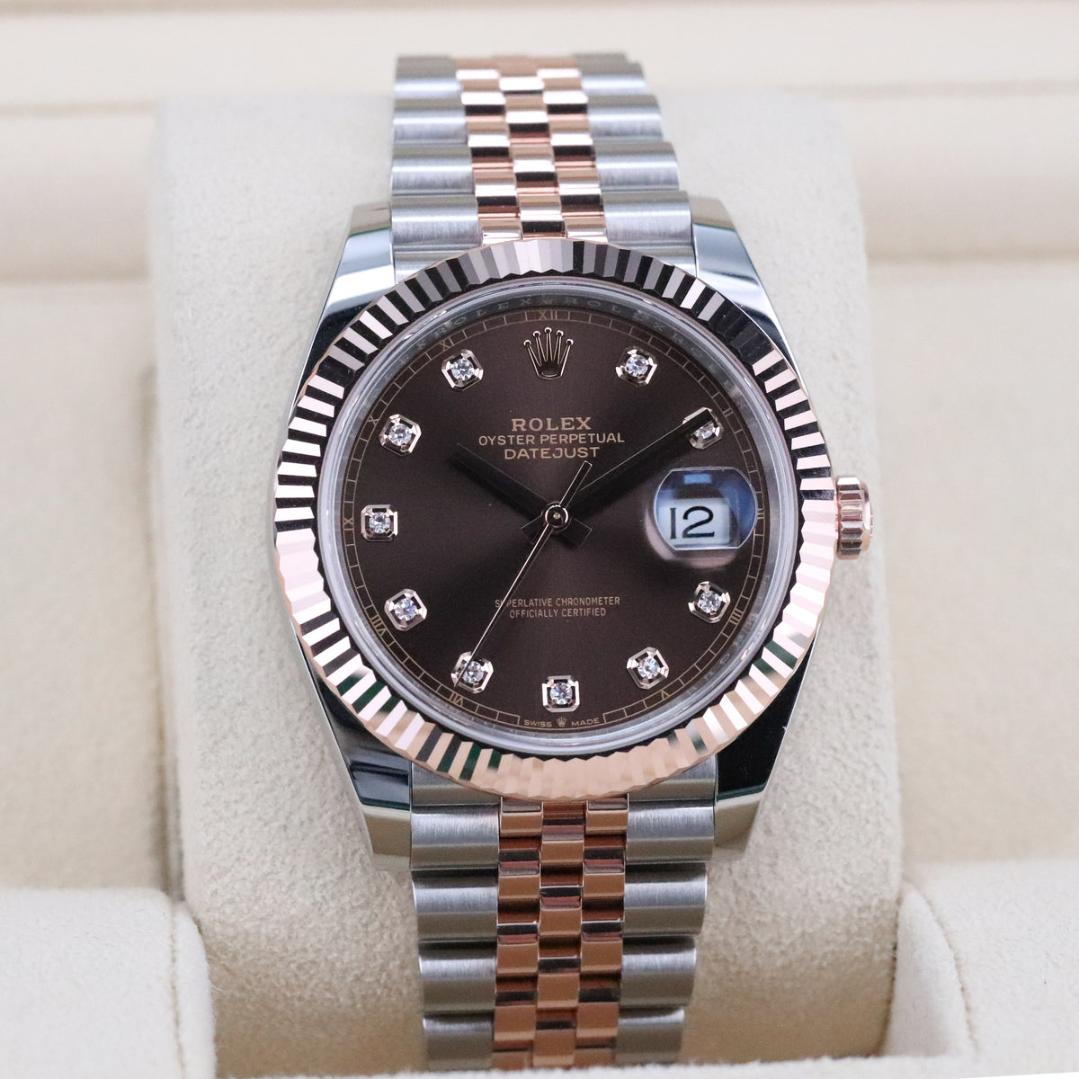 Rolex Datejust 41 Chocolate Diamond Brown Dial Fluted Jubilee Two Tone Rose Gold 126331