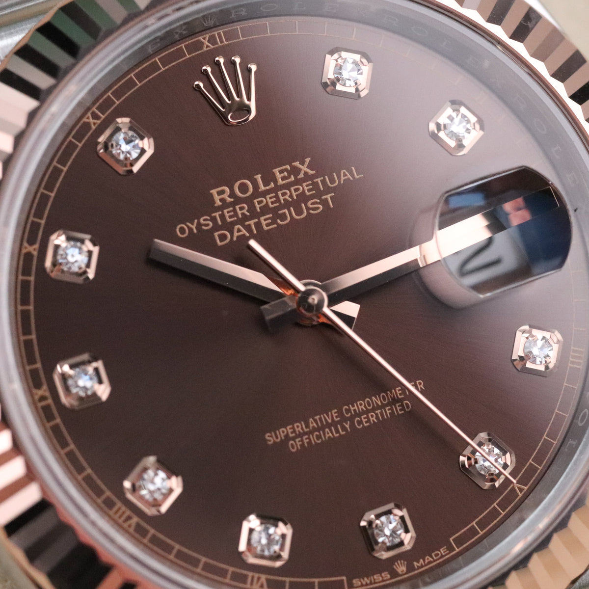 Rolex Datejust 41 Chocolate Diamond Brown Dial Fluted Jubilee Two Tone Rose Gold 126331