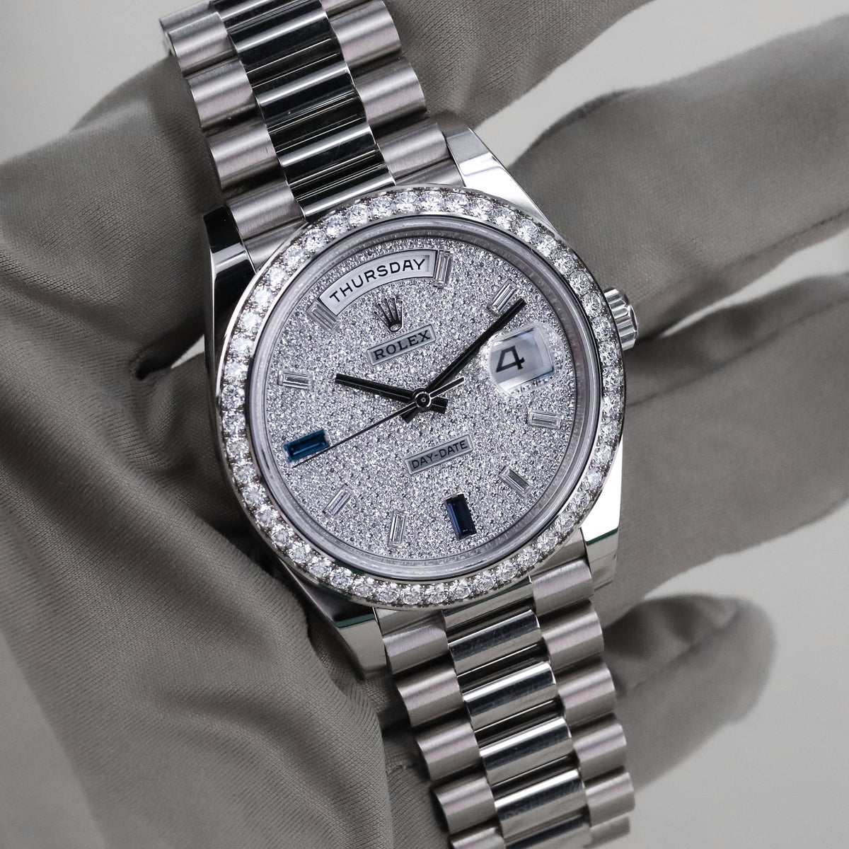 Rolex Day-Date 40 40mm Pave Silver Dial White Gold Diamond Bezel Jubilee Bracelet 2025 Complete Set