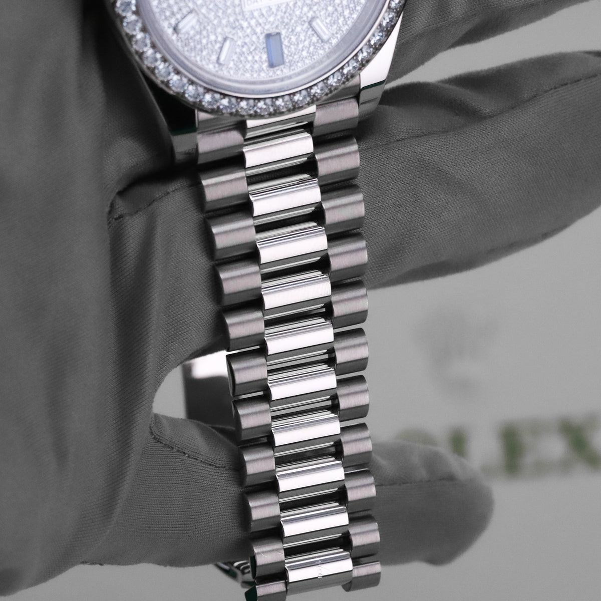 Rolex Day-Date 40 40mm Pave Silver Dial White Gold Diamond Bezel Jubilee Bracelet 2025 Complete Set