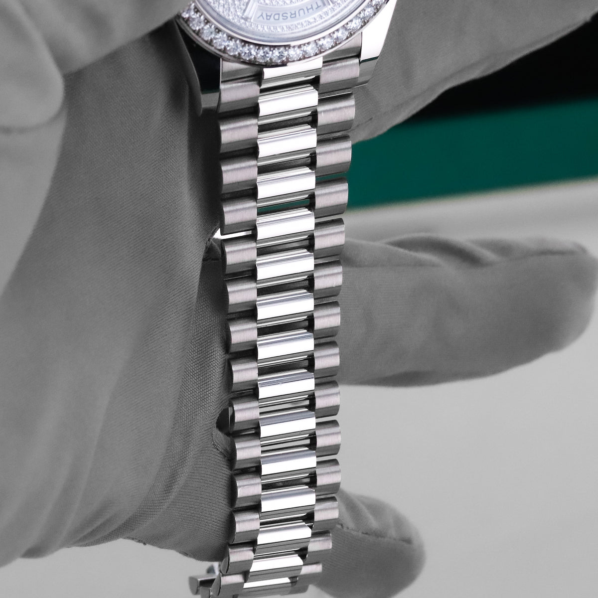 Rolex Day-Date 40 40mm Pave Silver Dial White Gold Diamond Bezel Jubilee Bracelet 2025 Complete Set
