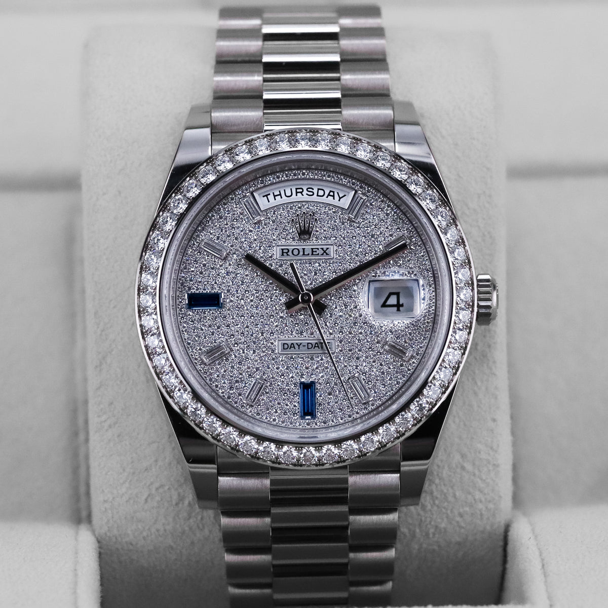 Rolex Day-Date 40 40mm Pave Silver Dial White Gold Diamond Bezel Jubilee Bracelet 2025 Complete Set