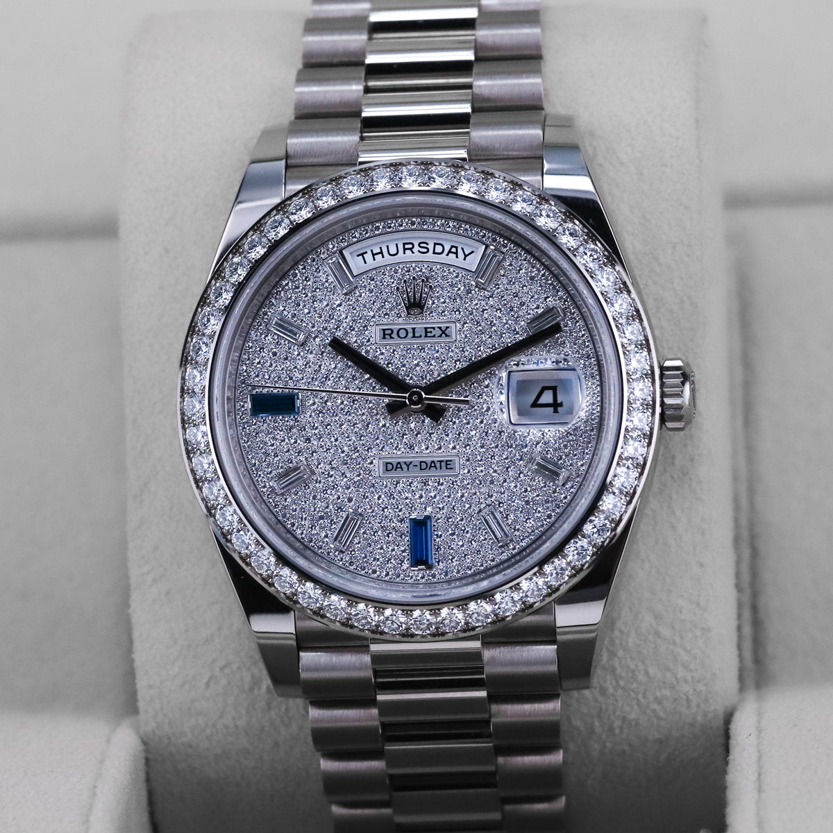 Rolex Day-Date 40 40mm Pave Silver Dial White Gold Diamond Bezel Jubilee Bracelet 2025 Complete Set