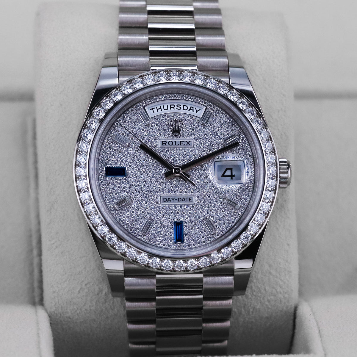 Rolex Day-Date 40 40mm Pave Silver Dial White Gold Diamond Bezel Jubilee Bracelet 2025 Complete Set