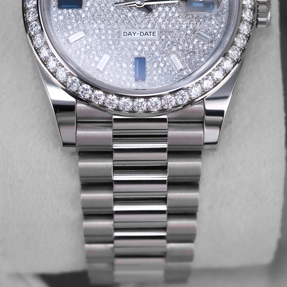 Rolex Day-Date 40 40mm Pave Silver Dial White Gold Diamond Bezel Jubilee Bracelet 2025 Complete Set