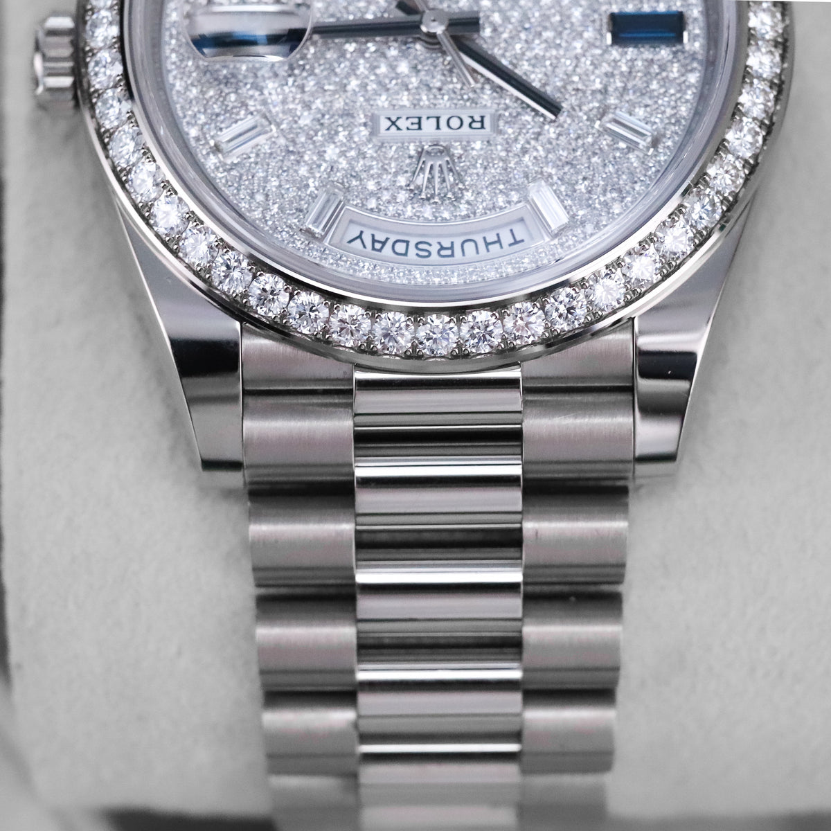 Rolex Day-Date 40 40mm Pave Silver Dial White Gold Diamond Bezel Jubilee Bracelet 2025 Complete Set
