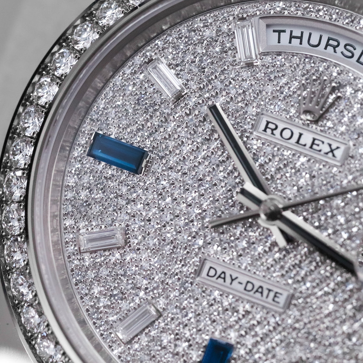 Rolex Day-Date 40 40mm Pave Silver Dial White Gold Diamond Bezel Jubilee Bracelet 2025 Complete Set