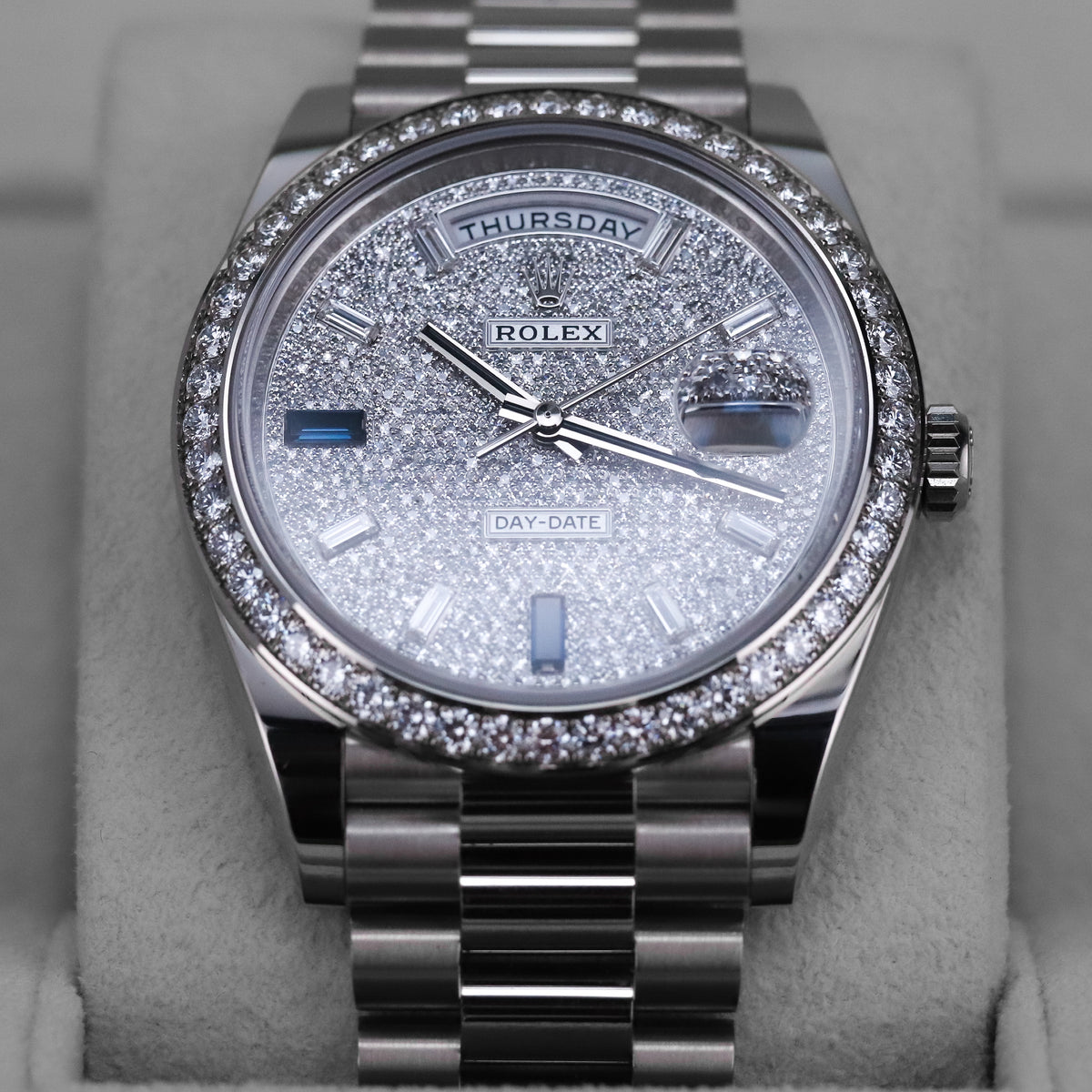 Rolex Day-Date 40 40mm Pave Silver Dial White Gold Diamond Bezel Jubilee Bracelet 2025 Complete Set