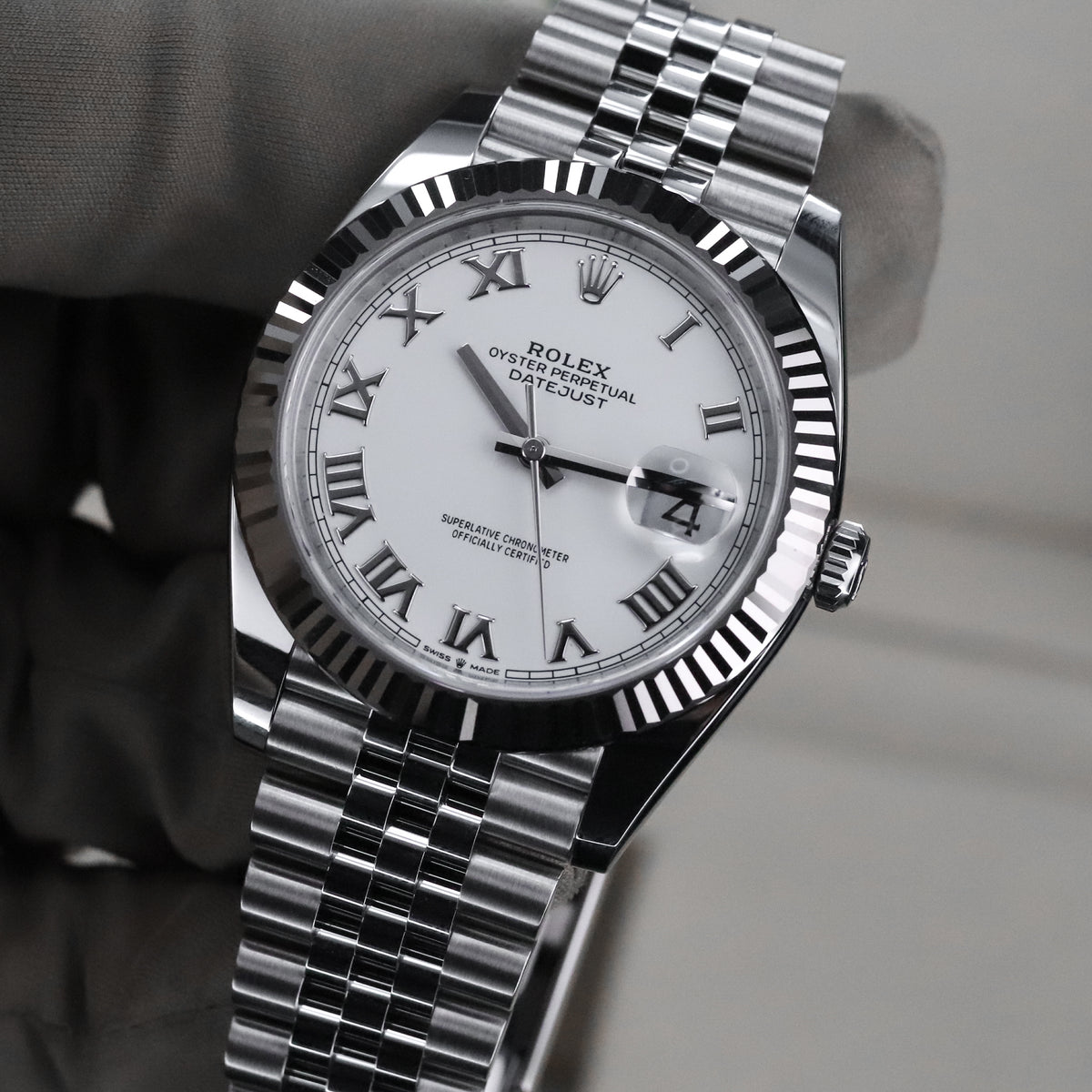 Rolex Datejust 41 41mm  White Roman Dial Jubilee Bracelet Fluted White Gold Bezel 126334