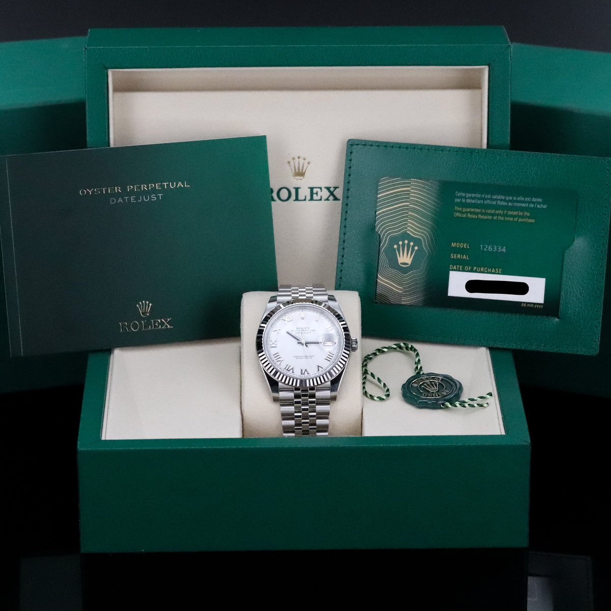 Rolex Datejust 41 41mm  White Roman Dial Jubilee Bracelet Fluted White Gold Bezel 126334