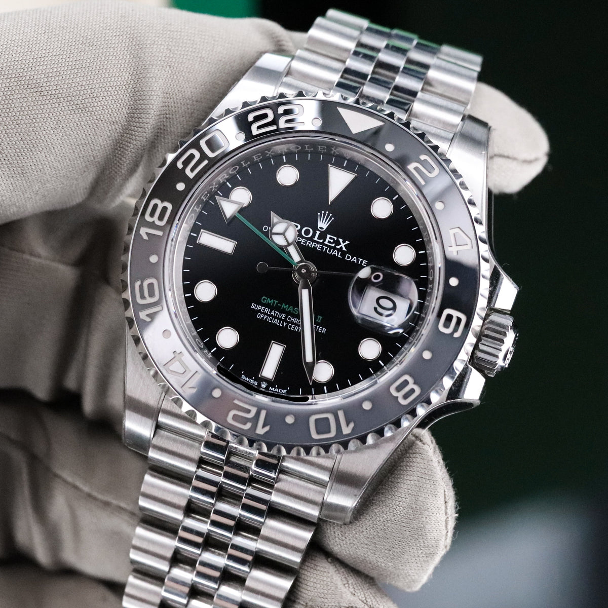 Rolex GMT Master II Bruce Wayne 40mm Black Grey Ceramic Bezel Green Arrow Jubilee 126710GRNR