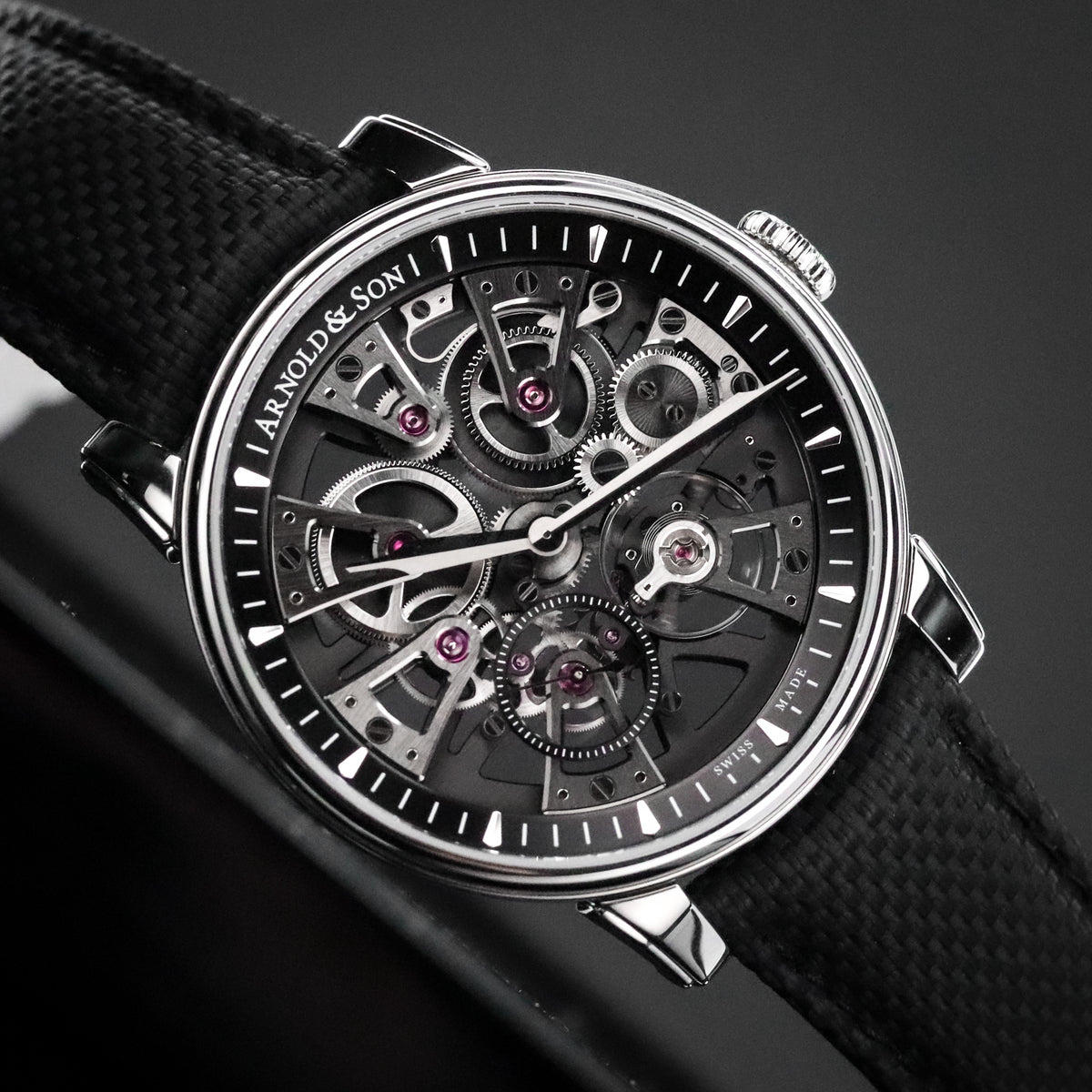 Arnold & Son Nebula 41.5mm Skeleton Openwork Steel Black Dial Sapphire Black Strap 1NEAS.B05A.K003S