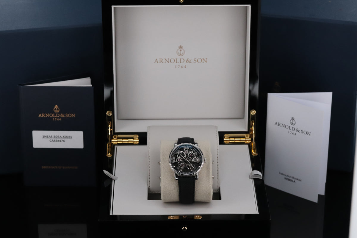 Arnold & Son Nebula 41.5mm Skeleton Openwork Steel Black Dial Sapphire Black Strap 1NEAS.B05A.K003S