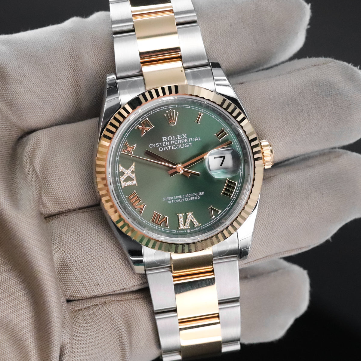 Rolex Datejust 36mm Diamond Green Dial Fluted Two Tone 18k Yellow Gold 126333