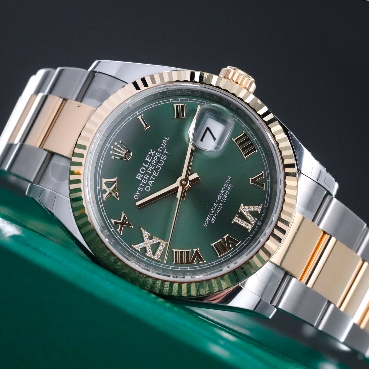 Rolex Datejust 36mm Diamond Green Dial Fluted Two Tone 18k Yellow Gold 126333