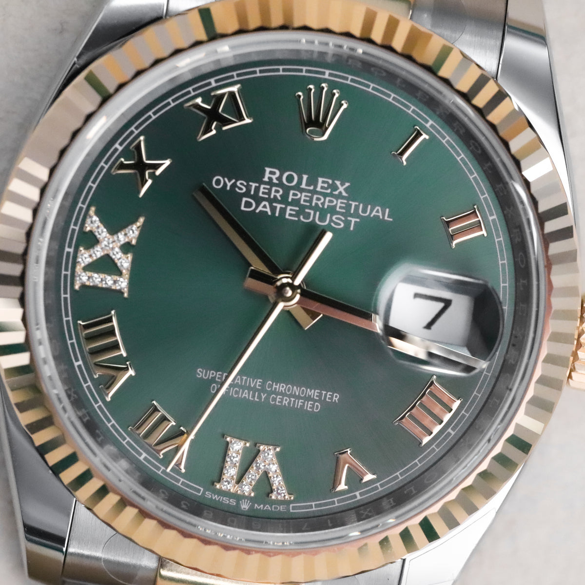 Rolex Datejust 36mm Diamond Green Dial Fluted Two Tone 18k Yellow Gold 126333