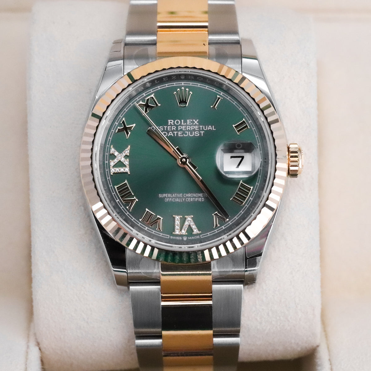Rolex Datejust 36mm Diamond Green Dial Fluted Two Tone 18k Yellow Gold 126333