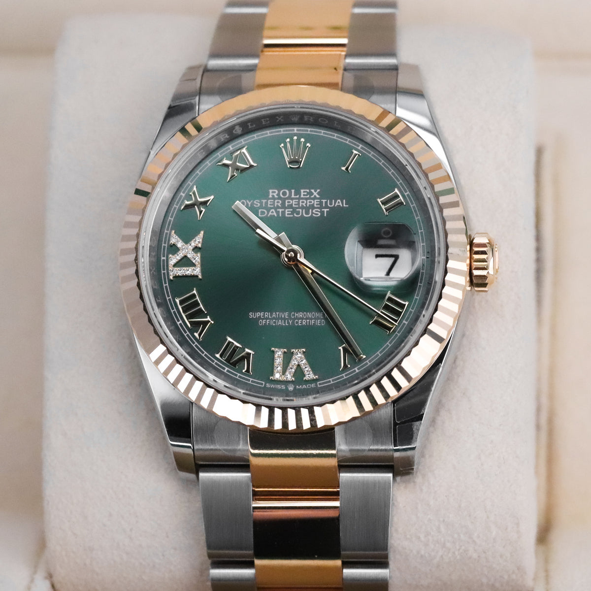 Rolex Datejust 36mm Diamond Green Dial Fluted Two Tone 18k Yellow Gold 126333
