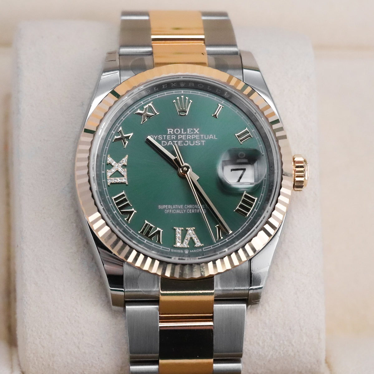 Rolex Datejust 36mm Diamond Green Dial Fluted Two Tone 18k Yellow Gold 126333