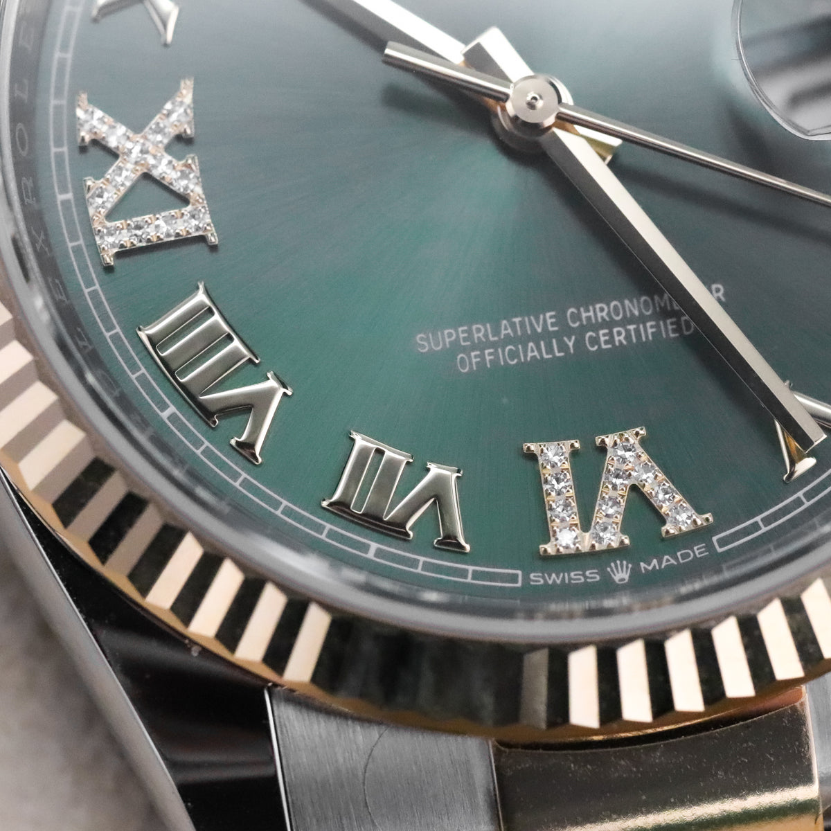 Rolex Datejust 36mm Diamond Green Dial Fluted Two Tone 18k Yellow Gold 126333