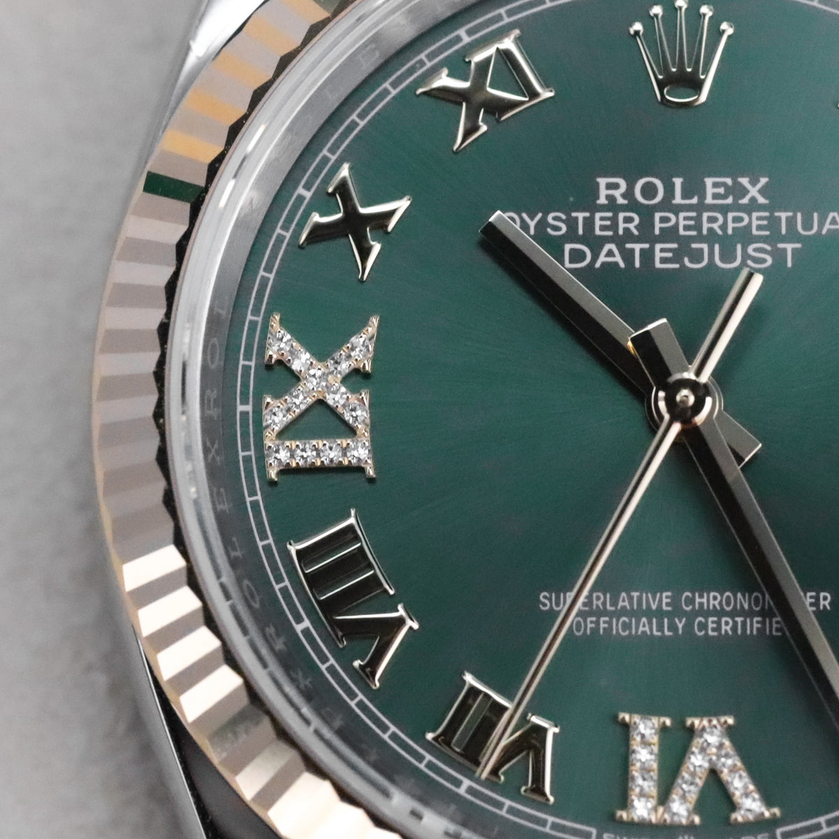 Rolex Datejust 36mm Diamond Green Dial Fluted Two Tone 18k Yellow Gold 126333
