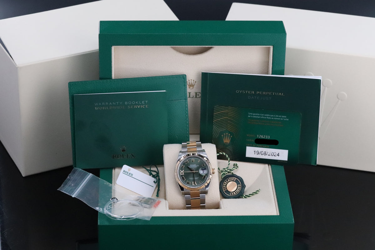 Rolex Datejust 36mm Diamond Green Dial Fluted Two Tone 18k Yellow Gold 126333