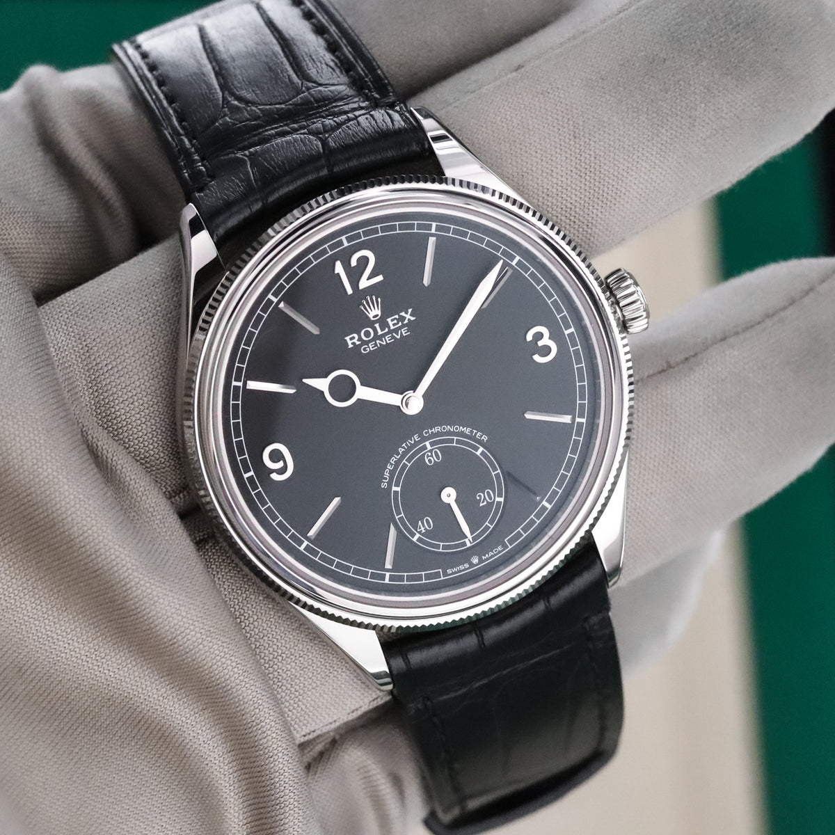 Rolex 1908 39mm 18k White Gold Black Dial Smooth Fluted Exhibition Leather 52509