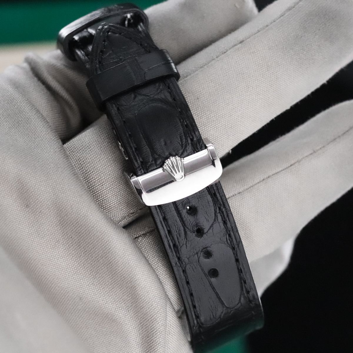 Rolex 1908 39mm 18k White Gold Black Dial Smooth Fluted Exhibition Leather 52509