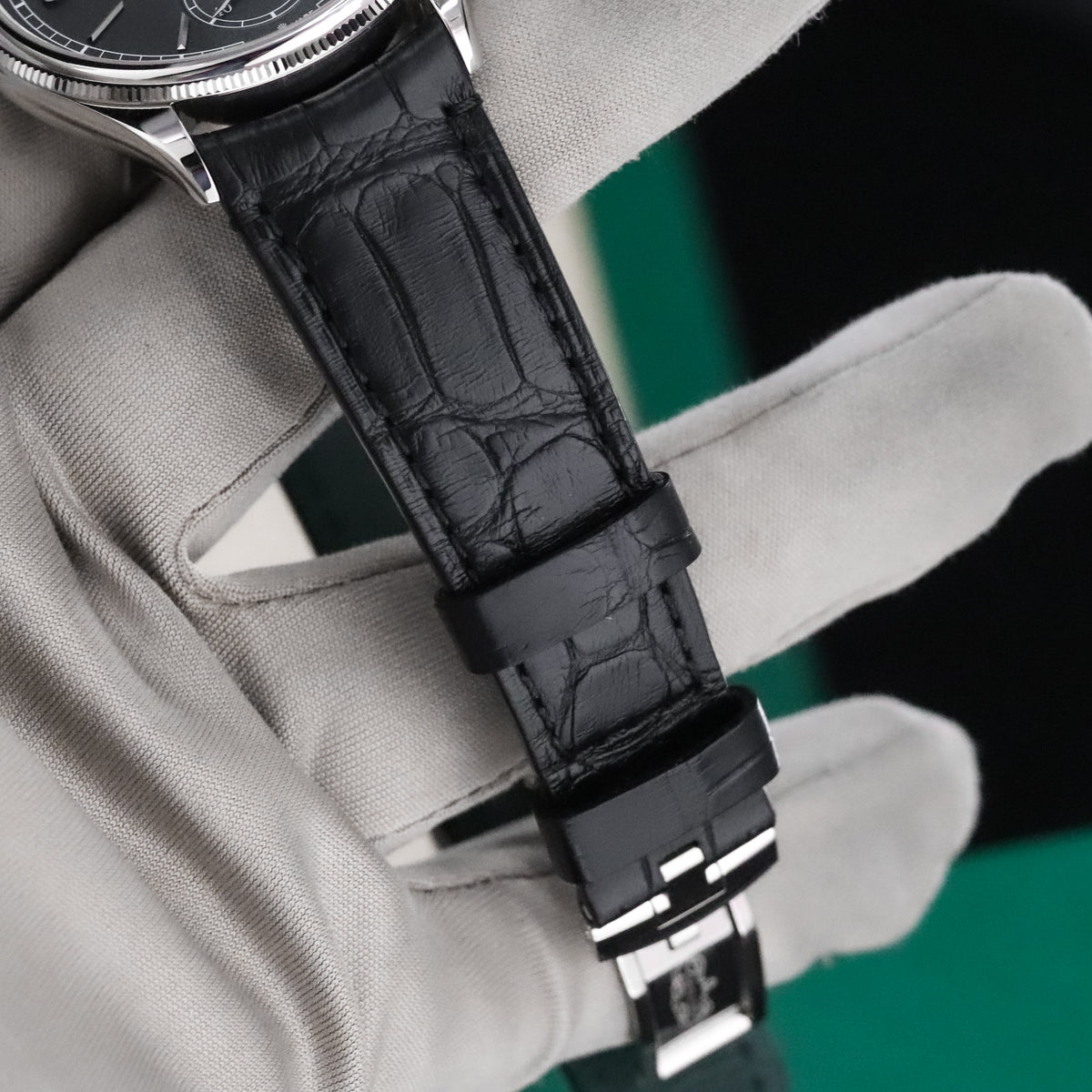 Rolex 1908 39mm 18k White Gold Black Dial Smooth Fluted Exhibition Leather 52509