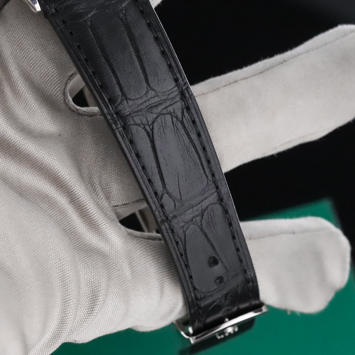 Rolex 1908 39mm 18k White Gold Black Dial Smooth Fluted Exhibition Leather 52509