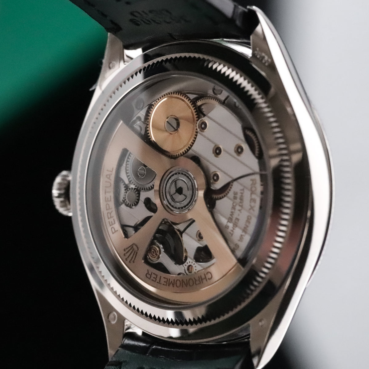 Rolex 1908 39mm 18k White Gold Black Dial Smooth Fluted Exhibition Leather 52509