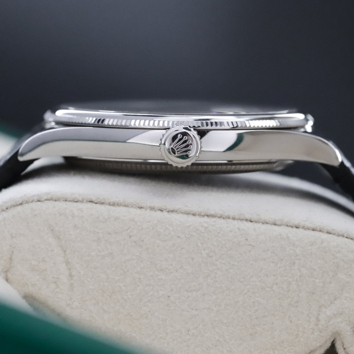 Rolex 1908 39mm 18k White Gold Black Dial Smooth Fluted Exhibition Leather 52509