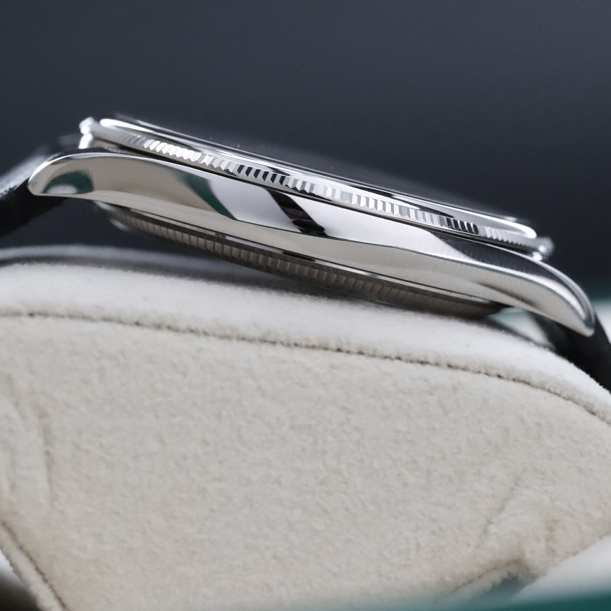 Rolex 1908 39mm 18k White Gold Black Dial Smooth Fluted Exhibition Leather 52509